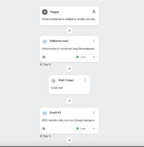 Automatiseret Klaviyo-flow, der viser en velkomstmail på dag 0 og en SEO-kampagnemail efter tre dage.