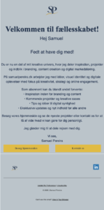 Design af velkomstmail med logo, CTA-knapper og introduktion til Samuel Pereiras kreative univers.