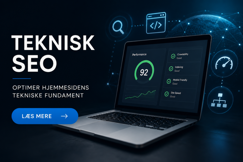 Billede der illustrerer teknisk SEO og optimering af en hjemmesides tekniske fundament, herunder performance, mobilvenlighed og synlighed i søgemaskiner.