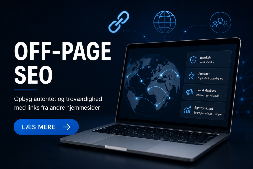 Billede der illustrerer off-page SEO og arbejdet med linkbuilding, backlinks, online omtaler og digital autoritet for at forbedre placeringer i søgemaskiner.